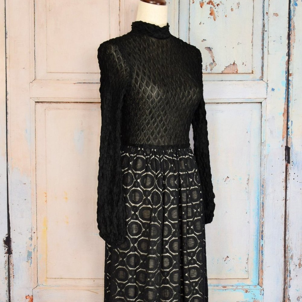 Vintage 70s Young Edwardian by Anpeja Black Fit & Flare Long Sleeve Dress -7